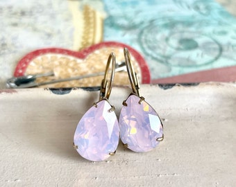 Pink opal crystal pear earrings on brass.