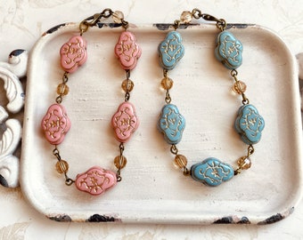 Vintage style bracelet pink or blue with Swarovski Crystals