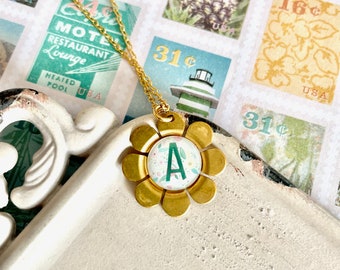 Flora - Vintage Brass Daisy Flower Initial Monogram Necklace - Letter necklace