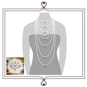 May include: A diagram showing different necklace lengths from 14 inches to 48 inches. The lengths are marked on a silhouette of a person wearing the necklaces.