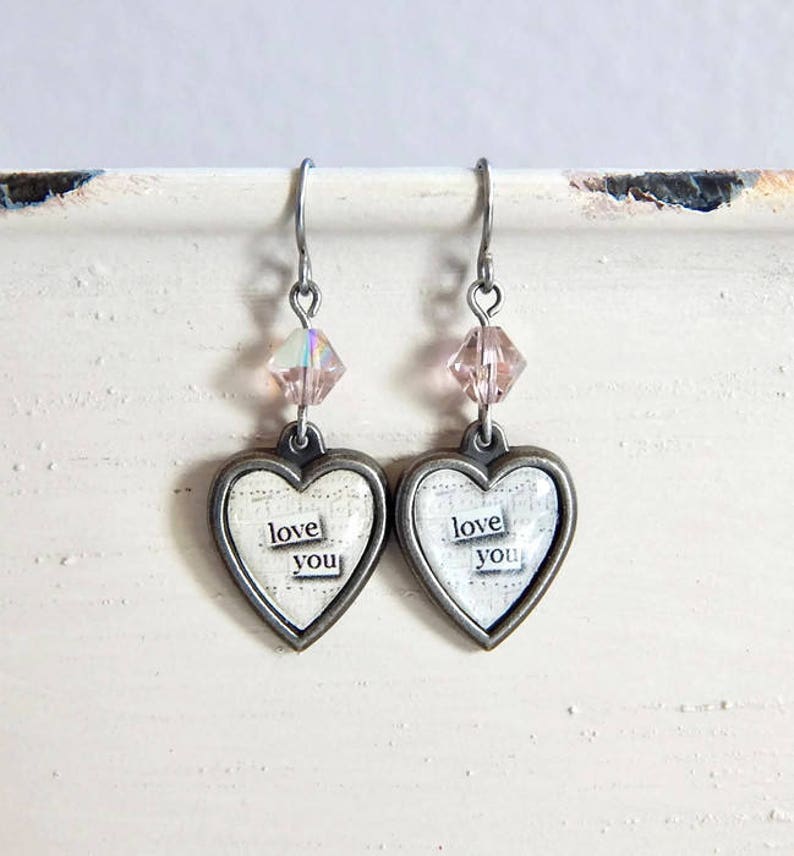 Valentine's Day heart earrings Love You crystal heart earrings I love you earrings image 1