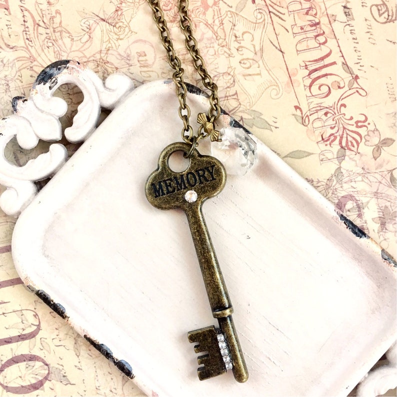 Ernestine memory key necklace antique style key necklace with vintage chandelier prism image 1