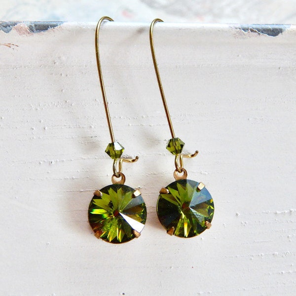 Olivine green crystal earrings - Swarovski crystal earrings - vintage style earrings - olive green - Swarovski rival