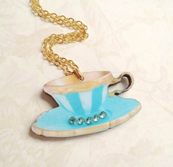 Alice in Wonderland Stripe Wood Teacup Necklace Created With SWAROVSKI Crystals Etsy