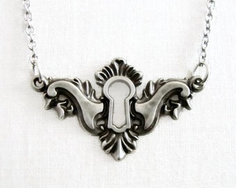 Antique Silver Keyhole Necklace: Steampunk Pendant, Stainless Steel Chain