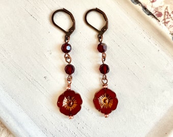 Red flower earrings - vintage Swarovski crystal - beaded earrings