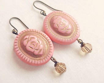 Rose earrings - pink rose drop earrings - Swarovski crystal - gold crystal - vintage style earrings