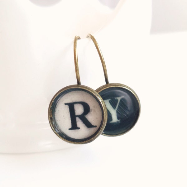 Renee - typewriter Key Personalized Earrings -  Antique Brass - Monogram Earrings