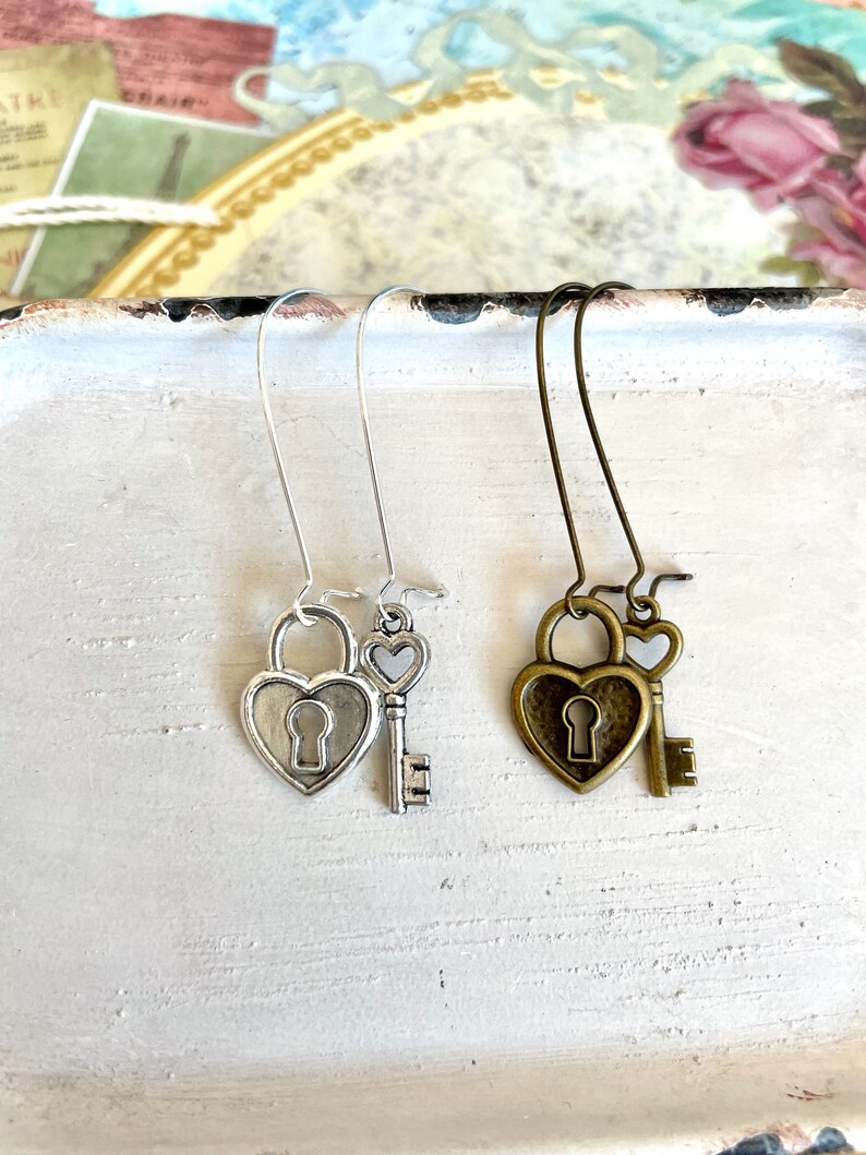 Victoria - Asymmetrical Lock and Key Earrings - Silver or Antique Brass ...