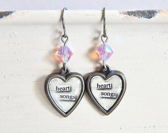 Valentine's Day heart earrings - heart songs - crystal heart earrings - pink crystal