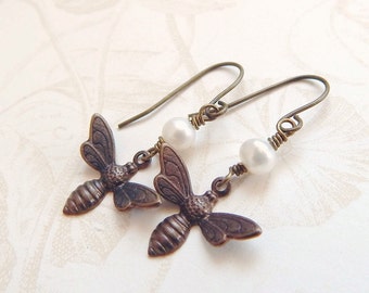 Antiqued Brass Bee Earrings: Freshwater Pearl Insect Jewelry
