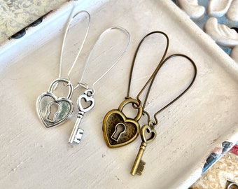 Victoria - asymmetrical lock and key earrings - silver or antique brass