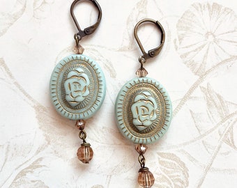 Mint Green Rose Drop Earrings: Vintage Swarovski Crystal, Antique Brass