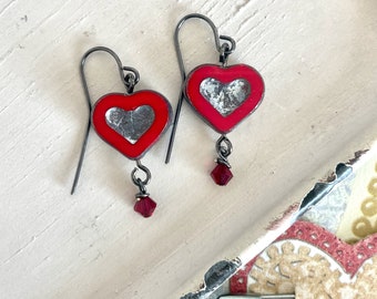 Red glass heart earrings with Swarovski crystals