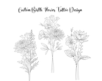 Custom Feminine Birth Flower Tattoo, Delicate Tattoo Family Flower Bouquet, Line Flower, Couple Family Personalized, DIGITAL DOWNLOAD