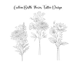 Benutzerdefiniertes feminines Tattoo mit Geburtsblumen, zartes Tattoo Familie Blumenstrauß, Linienblume, Paar-Familie personalisiert, DIGITAL DOWNLOAD