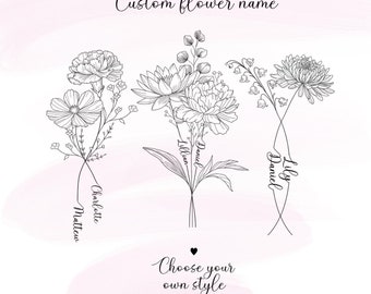 Custom Floral Name Design, Two Names Birth Month Flowers Tattoo Art , Custom Lovers Minimalist Couple Aesthetic Tattoo, Anniversary Gift