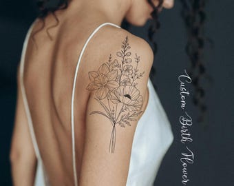 Födelseblomma-tatuering Anpassad linjeteckning Familjebukett Personlig design Utskrivbar tatuering Blommor