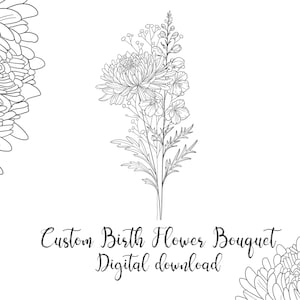 DIGITAL Benutzerdefinierte Familie Geburt Blumenstrauß, Zarte Tattoo Familie Blumenstrauß, Linienblume, Paar Familie Personalisiert, DIGITAL DOWNLOAD