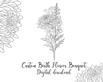 DIGITAL Benutzerdefinierte Familie Geburt Blumenstrauß, Zarte Tattoo Familie Blumenstrauß, Linienblume, Paar Familie Personalisiert, DIGITAL DOWNLOAD