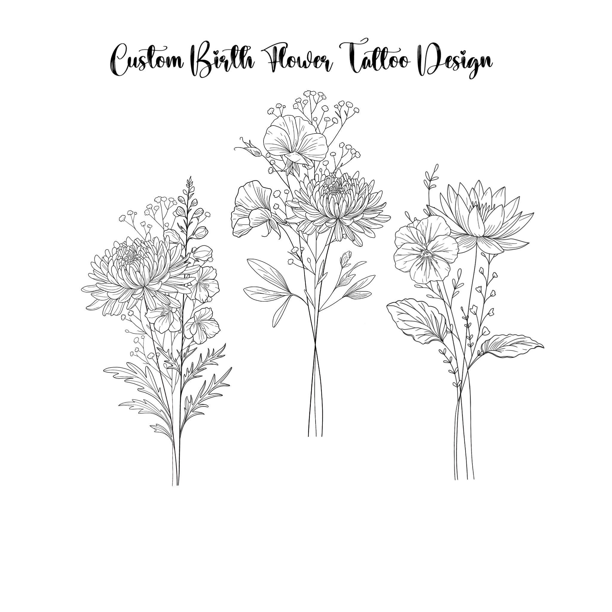 Benutzerdefiniertes feminines Tattoo mit Geburtsblumen, zartes Tattoo Familie Blumenstrauß, Linienblume, Paar-Familie personalisiert, DIGITAL DOWNLOAD