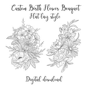 Zarte Geburtsblume Tattoo, benutzerdefinierte Wildblumen Geburtsmonat Tattoo, Flat Lay Style Design, Blumenstrauß, personalisierte Line Art
