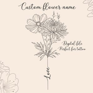 Benutzerdefinierte Familie Blumenstrauß, Linie Blume, Familie personalisierte Tattoo-Design, Bouquet Style, Familie Geburt Blumen Kunst, Geschenk für sie