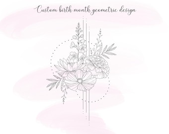 Custom Geometric Floral Dainty Symmetrical Tattoo, Customizable Line Art Tattoo, Floral Art, Personalized Geometric Birth Flower Design