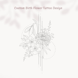 May include: A black and white line drawing of a floral tattoo design. The design features a snowdrop, a chrysanthemum, and other small flowers. The flowers are arranged in a bouquet with a dotted line around them. The design is perfect for a birth flower tattoo.