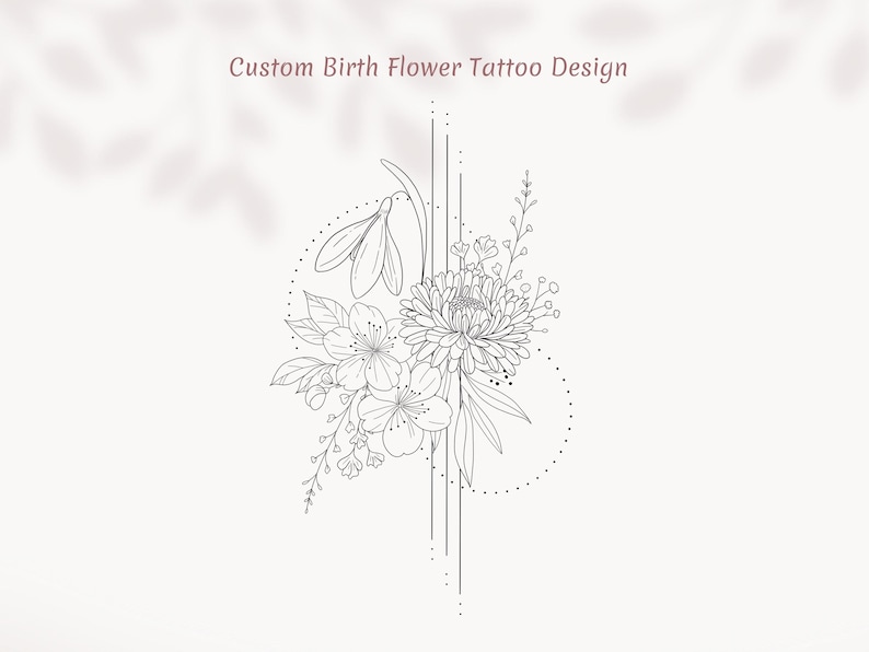 May include: A black and white line drawing of a floral tattoo design. The design features a snowdrop, a chrysanthemum, and other small flowers. The flowers are arranged in a bouquet with a dotted line around them. The design is perfect for a birth flower tattoo.