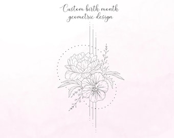 Custom Geometric Birth Flower Tattoo Design, Customizable Birth Month Flowers arrangement, Geometric Floral Dainty Symmetrical Tattoo