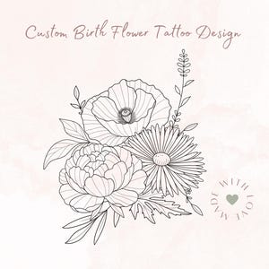 Delicate Birth Month Flower Tattoo, Custom Line Art with Lush Greenery, Unique Botanical Design, Meaningful Gift for Her, Quick Turnaround