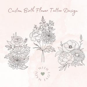 Individuell gefertigtes botanisches Tattoo-Design, Geburtsmonat Blume mit Blättern, zart und minimalistisch, einzigartige Geschenkidee, digitaler Download, Tattoo-Karte