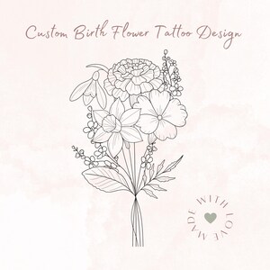 Benutzerdefinierte Familie Geburt Blume Tattoo, Floral Line Art mit Grün, personalisierte Tattoo Geschenk, botanische feine Linie Stil, wunderliche Tattoo