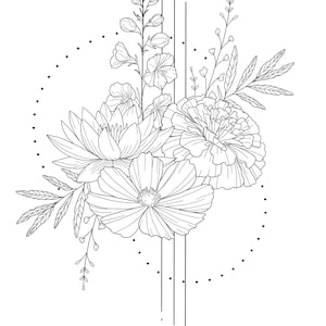 May include: A black and white line drawing of a bouquet of flowers with a dotted circle and vertical lines in the background.