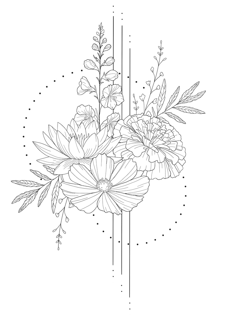 May include: A black and white line drawing of a bouquet of flowers with a dotted circle and vertical lines in the background.