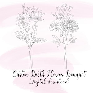 Benutzerdefinierte Familie Line Art Tattoo, Zarte Tattoo Familie Blumenstrauß, Linienblume, Paar Familie Personalisiert, DIGITAL DOWNLOAD