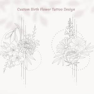 May include: Two black and white line drawings of floral arrangements. The first arrangement features a snowdrop, cherry blossom, and chrysanthemum. The second arrangement features a rose, daisy, and delphinium.