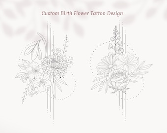 May include: Two black and white line drawings of floral arrangements. The first arrangement features a snowdrop, cherry blossom, and chrysanthemum. The second arrangement features a rose, daisy, and delphinium.