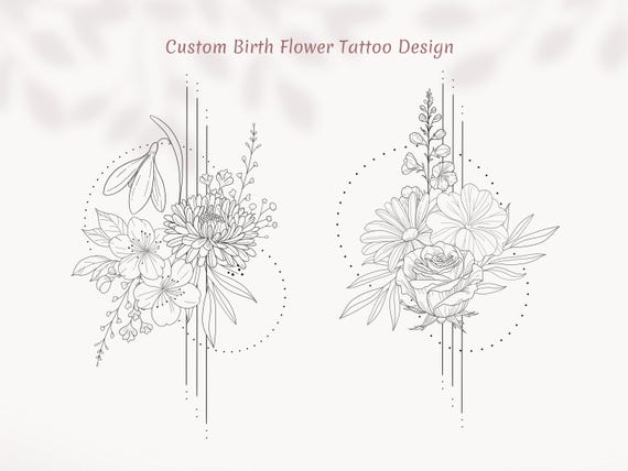 Custom Geometric Birth Flower Tattoo, Symmetrical Floral Design, Minimalist Botanical Customizable Fine Line Ink Art Floral Arrangement