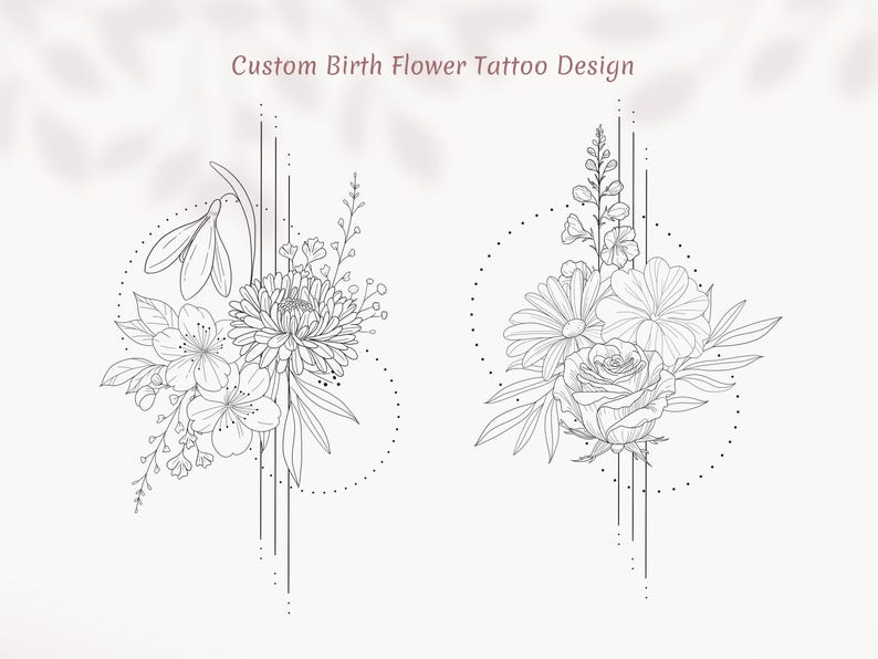 May include: Two black and white line drawings of floral arrangements. The first arrangement features a snowdrop, cherry blossom, and chrysanthemum. The second arrangement features a rose, daisy, and delphinium.