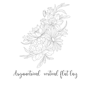 May include: A black and white line drawing of a bouquet of flowers. The bouquet is arranged in an asymmetrical vertical flat lay. The flowers include a peony, a daisy, a daffodil, and a water lily.