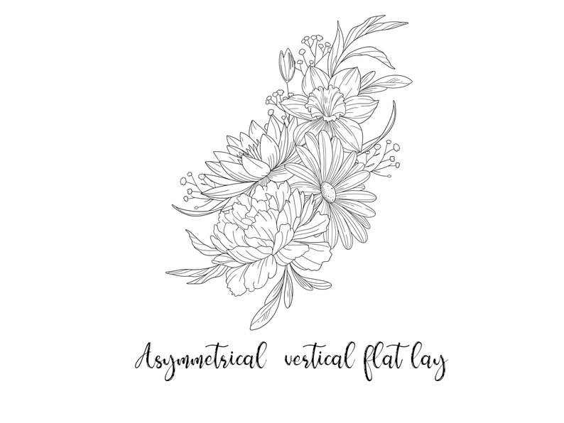 May include: A black and white line drawing of a bouquet of flowers. The bouquet is arranged in an asymmetrical vertical flat lay. The flowers include a peony, a daisy, a daffodil, and a water lily.