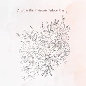 誕生花のタトゥー、カスタムワイルドフラワーブーケデザイン、繊細なラインアートタトゥー、フラットレイスタイル、パーソナライズ誕生月インクギフト