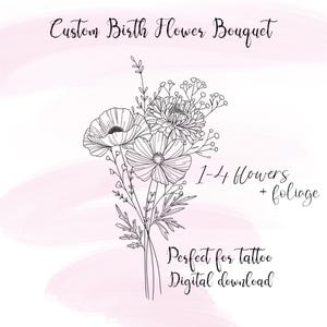 Personalised Custom Floral Bouquet, Floral Tattoo Design Digital Download, Birth Flower Bouquet, Family Birth Month Tattoo Design, Line Art