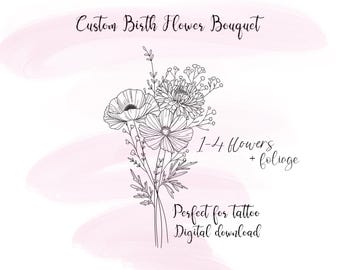 Personalisierte benutzerdefinierte Blumenstrauß, Blumen Tattoo-Design digitaler Download, Geburt Blumenstrauß, Familie Geburt Monat Tattoo-Design, Linie Kunst