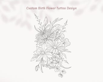 Może przedstawiać: Czarno-biały rysunek bukietu kwiatów, w tym stokrotki, chryzantemy i innych kwiatów. Tekst "Custom Birth Flower Tattoo Design" znajduje się w górnej części obrazu.