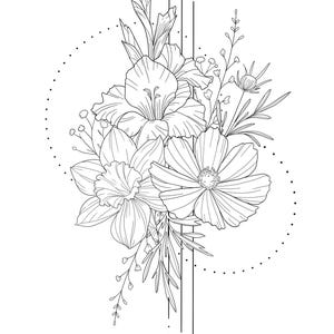 May include: A black and white line drawing of a bouquet of flowers, including gladiolus, daffodils, and cosmos. The flowers are arranged in a circle with a dotted line around them. A vertical line with dots runs down the center of the image.