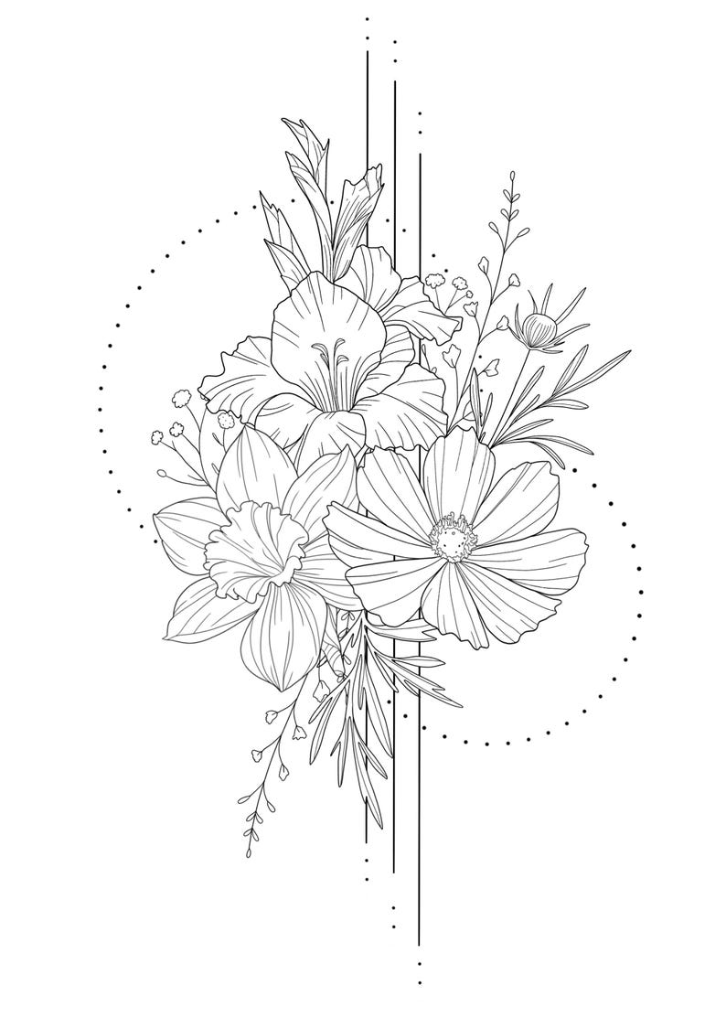 May include: A black and white line drawing of a bouquet of flowers, including gladiolus, daffodils, and cosmos. The flowers are arranged in a circle with a dotted line around them. A vertical line with dots runs down the center of the image.