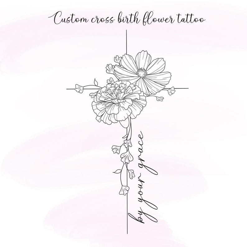 Unique Thin Line Cross Tattoo, Birth Flower Bouquet Art, Minimalist ...